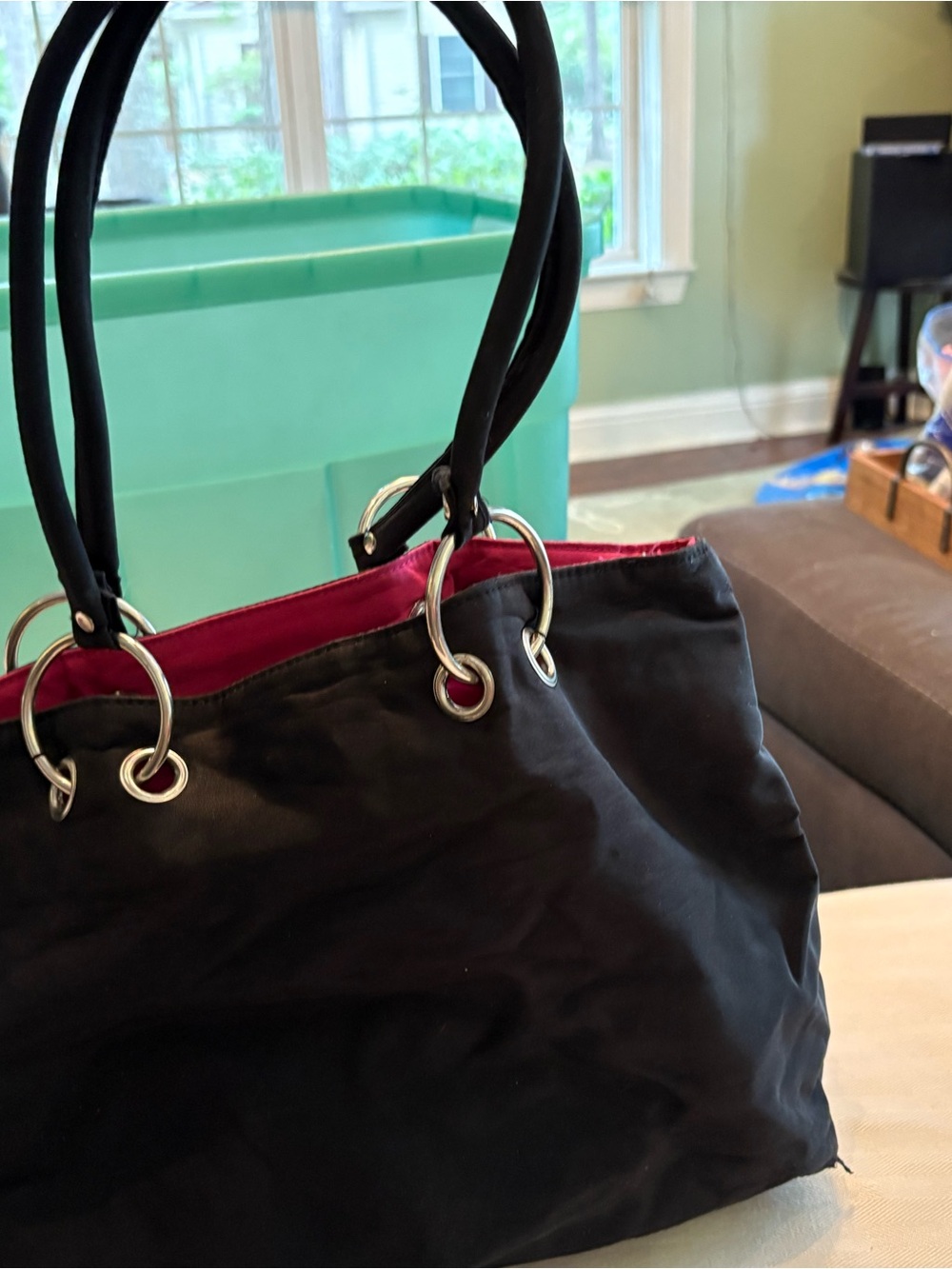 Black Tote Bag with Pink Interior - Women's Handbag